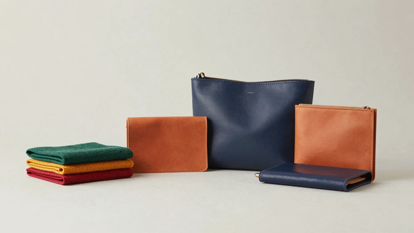 Clean studio product photo of handcrafted leather and textile acc