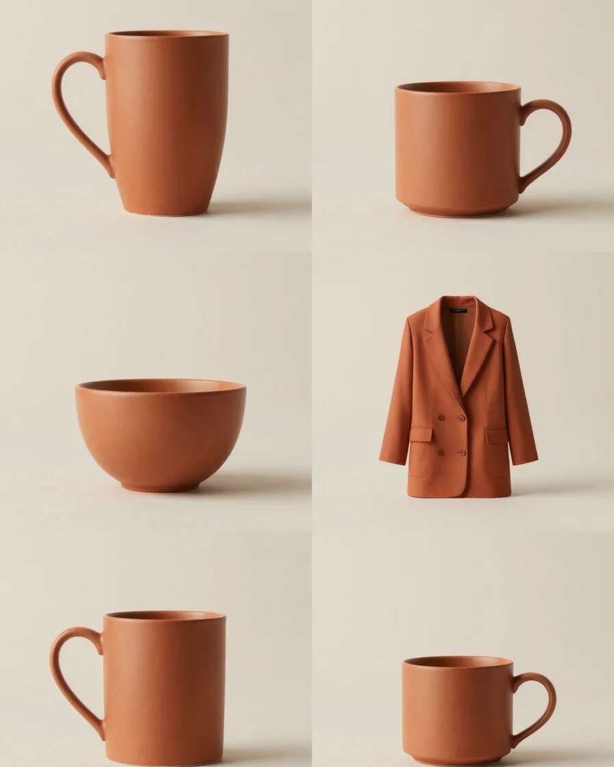 Styled portrait studio photo showcasing a curated lifestyle collection with rich terracotta tones and warm studio lighti